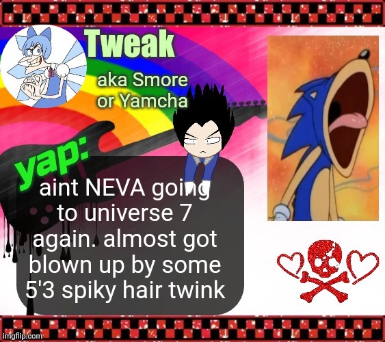 the 19th announcement temp | aint NEVA going to universe 7 again. almost got blown up by some 5'3 spiky hair twink | image tagged in the 19th announcement temp | made w/ Imgflip meme maker