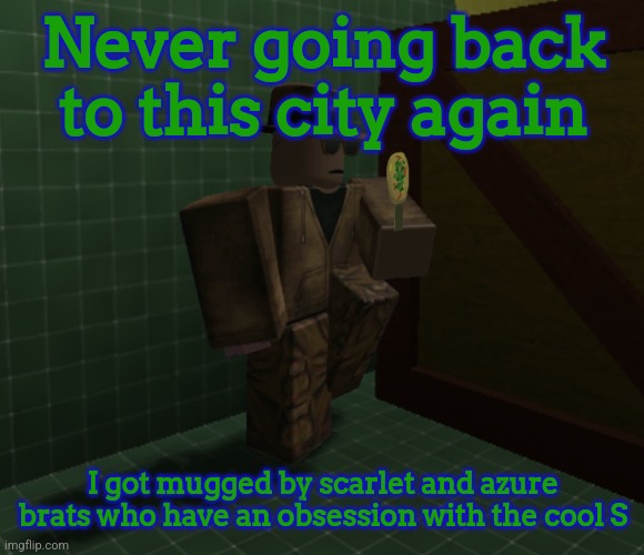 B | Never going back to this city again; I got mugged by scarlet and azure brats who have an obsession with the cool S | image tagged in brick hitman | made w/ Imgflip meme maker