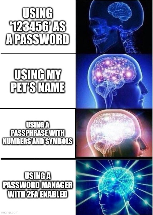 Password | USING '123456' AS A PASSWORD; USING MY PET’S NAME; USING A PASSPHRASE WITH NUMBERS AND SYMBOLS; USING A PASSWORD MANAGER WITH 2FA ENABLED | image tagged in memes,expanding brain | made w/ Imgflip meme maker