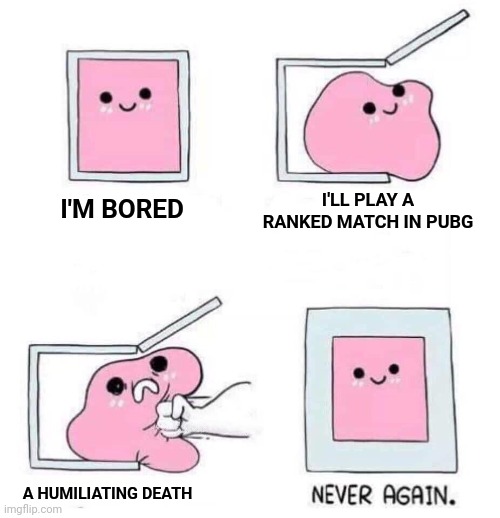 Never again | I'LL PLAY A RANKED MATCH IN PUBG; I'M BORED; A HUMILIATING DEATH | image tagged in never again | made w/ Imgflip meme maker