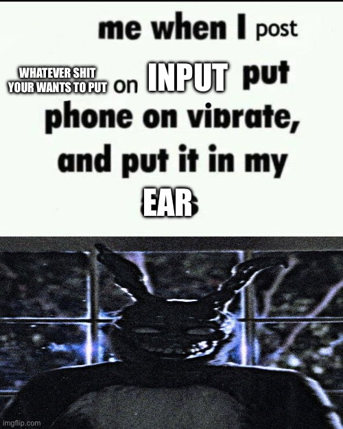 Me when I post X on X Put my phone on vibrate & shove it up ass | INPUT; WHATEVER SHIT YOUR WANTS TO PUT; EAR | image tagged in me when i post x on x put my phone on vibrate shove it up ass | made w/ Imgflip meme maker