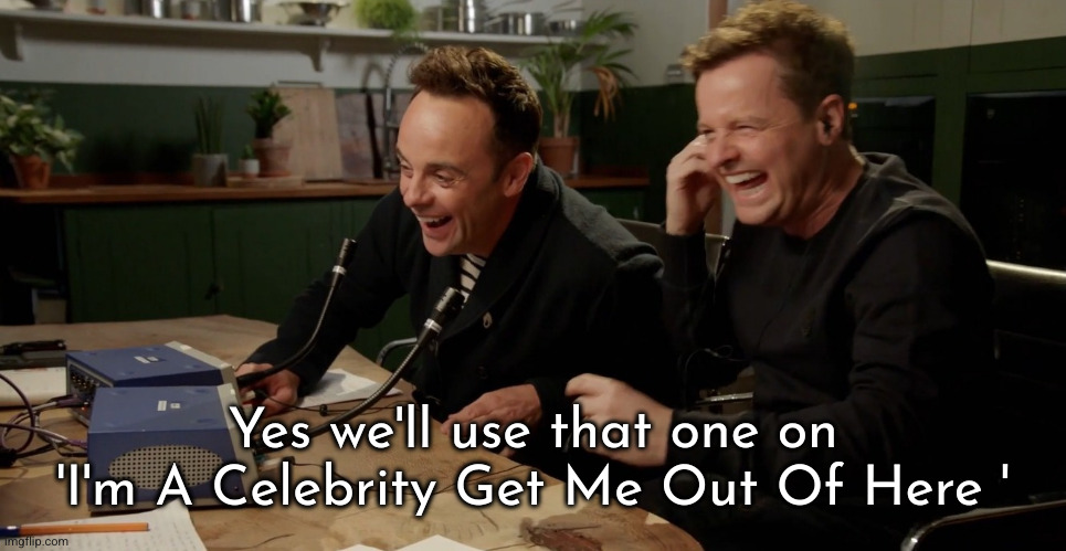 Ant and Dec laughing | Yes we'll use that one on 'I'm A Celebrity Get Me Out Of Here ' | image tagged in ant and dec laughing | made w/ Imgflip meme maker
