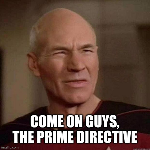 Dafuq Picard | COME ON GUYS, THE PRIME DIRECTIVE | image tagged in dafuq picard | made w/ Imgflip meme maker