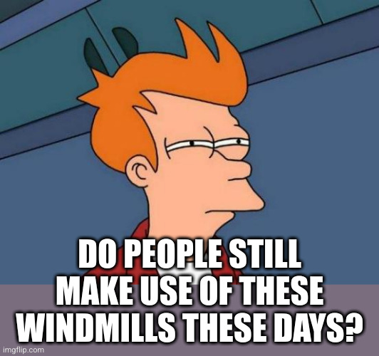 Futurama Fry Meme | DO PEOPLE STILL MAKE USE OF THESE WINDMILLS THESE DAYS? | image tagged in memes,futurama fry | made w/ Imgflip meme maker