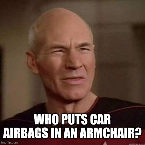 Dafuq Picard | WHO PUTS CAR AIRBAGS IN AN ARMCHAIR? | image tagged in dafuq picard | made w/ Imgflip meme maker