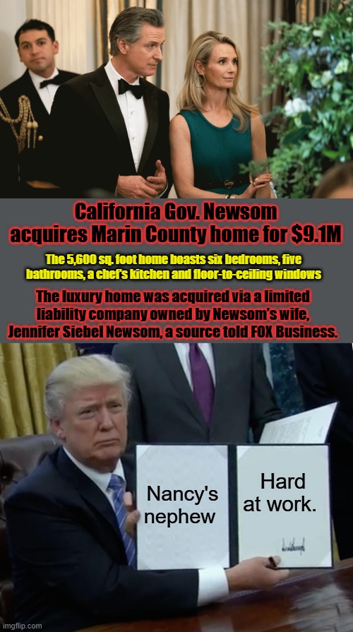 California Gov. Newsom acquires Marin County home for $9.1M; The 5,600 sq. foot home boasts six bedrooms, five bathrooms, a chef's kitchen and floor-to-ceiling windows; The luxury home was acquired via a limited liability company owned by Newsom’s wife, Jennifer Siebel Newsom, a source told FOX Business. Nancy's nephew; Hard at work. | image tagged in memes,trump bill signing | made w/ Imgflip meme maker
