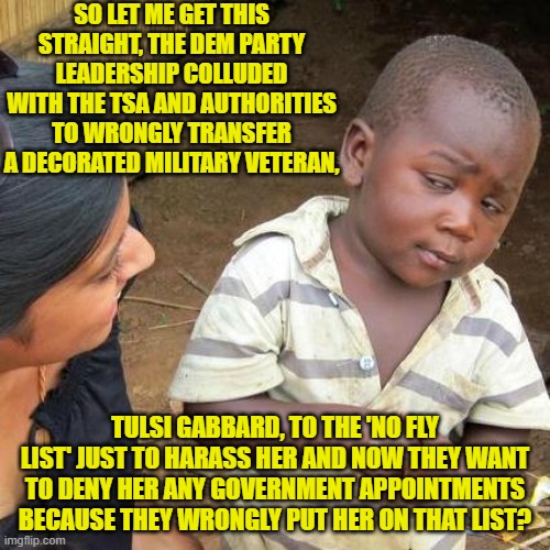 Yes, leftists, guess what authorities WILL be invested from Bondi's immense 'to do' list. | SO LET ME GET THIS STRAIGHT, THE DEM PARTY LEADERSHIP COLLUDED WITH THE TSA AND AUTHORITIES TO WRONGLY TRANSFER A DECORATED MILITARY VETERAN, TULSI GABBARD, TO THE 'NO FLY LIST' JUST TO HARASS HER AND NOW THEY WANT TO DENY HER ANY GOVERNMENT APPOINTMENTS BECAUSE THEY WRONGLY PUT HER ON THAT LIST? | image tagged in third world skeptical kid | made w/ Imgflip meme maker