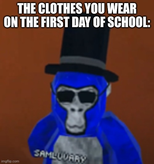 cool monke | THE CLOTHES YOU WEAR ON THE FIRST DAY OF SCHOOL: | image tagged in cool monke | made w/ Imgflip meme maker