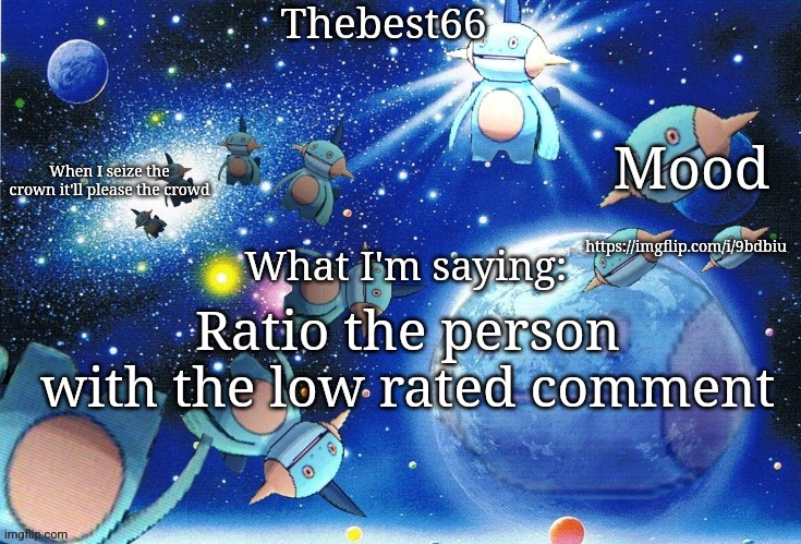Marshtomp template thebest66 | https://imgflip.com/i/9bdbiu; Ratio the person with the low rated comment | image tagged in marshtomp template thebest66 | made w/ Imgflip meme maker