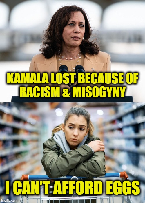 More Leftist Logic | KAMALA LOST BECAUSE OF
RACISM & MISOGYNY; I CAN’T AFFORD EGGS | image tagged in kamala harris | made w/ Imgflip meme maker