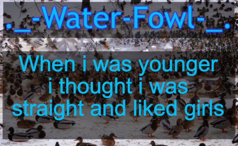 WaterFowl Announcement temp | When i was younger i thought i was straight and liked girls | image tagged in waterfowl announcement temp | made w/ Imgflip meme maker