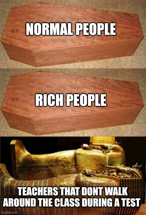 Students can relate | NORMAL PEOPLE; RICH PEOPLE; TEACHERS THAT DONT WALK AROUND THE CLASS DURING A TEST | image tagged in golden coffin meme | made w/ Imgflip meme maker