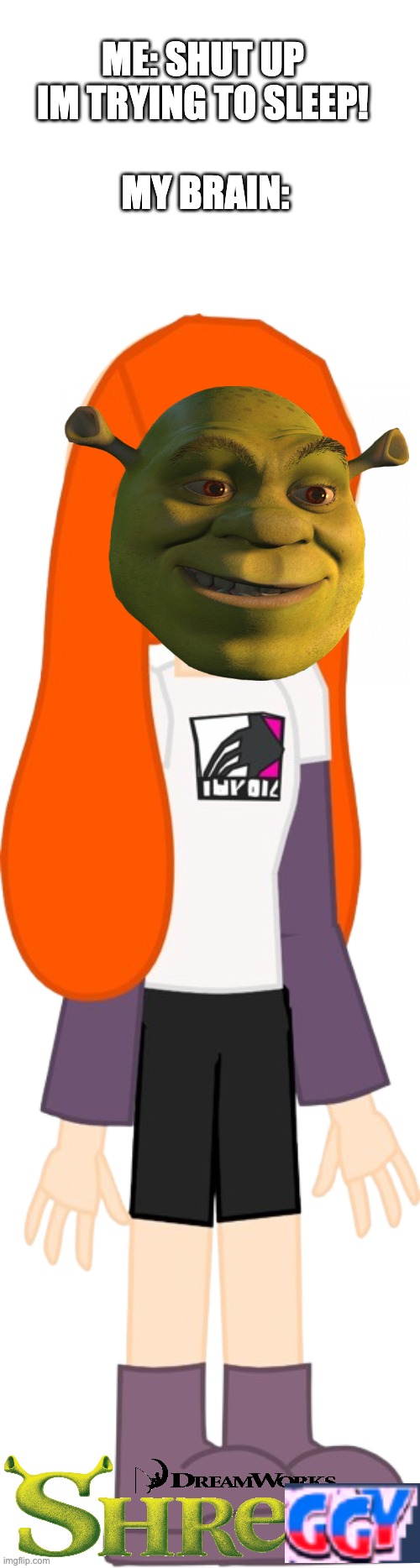 Meggy spletzer redesign (credit goes to STH4PLAYZ) | MY BRAIN:; ME: SHUT UP IM TRYING TO SLEEP! | image tagged in meggy spletzer redesign credit goes to sth4playz,memes,funny,expand dong,smg4,shrek | made w/ Imgflip meme maker