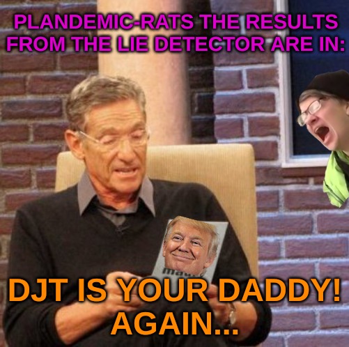 trump 3peat 2024 THE revenge tour | PLANDEMIC-RATS THE RESULTS FROM THE LIE DETECTOR ARE IN:; DJT IS YOUR DADDY!
AGAIN... | image tagged in memes,maury lie detector | made w/ Imgflip meme maker