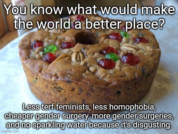 New announcement template leaked?!??!???!!!!? | You know what would make the world a better place? Less terf feminists, less homophobia, cheaper gender surgery, more gender surgeries, and no sparkling water because it's disgusting. | image tagged in fruitcake | made w/ Imgflip meme maker