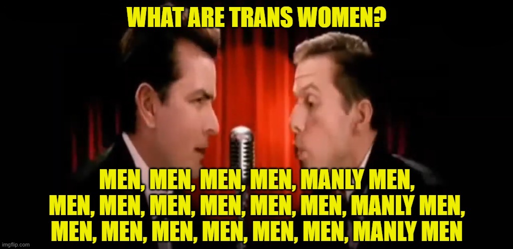 two and a half men | WHAT ARE TRANS WOMEN? MEN, MEN, MEN, MEN, MANLY MEN, MEN, MEN, MEN, MEN, MEN, MEN, MANLY MEN, MEN, MEN, MEN, MEN, MEN, MEN, MANLY MEN | image tagged in charlie sheen,transgender,men,2 genders,maga,make america great again | made w/ Imgflip meme maker