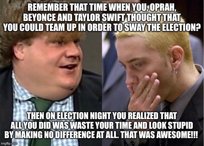 Eminem Oprah Beyoncé Taylor swift Trump Kamala biden | REMEMBER THAT TIME WHEN YOU, OPRAH, BEYONCE AND TAYLOR SWIFT THOUGHT THAT YOU COULD TEAM UP IN ORDER TO SWAY THE ELECTION? THEN ON ELECTION NIGHT YOU REALIZED THAT ALL YOU DID WAS WASTE YOUR TIME AND LOOK STUPID BY MAKING NO DIFFERENCE AT ALL. THAT WAS AWESOME!!! | image tagged in eminem,election,taylor swift,beyonce,oprah,kamala harris | made w/ Imgflip meme maker