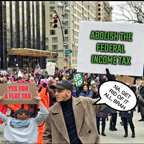 Dream Biggerer | ABOLISH THE 
FEDERAL 
INCOME TAX; YES FOR A FLAT TAX; NA, GET RID OF IT ALL, BRAH. | image tagged in man holding sign at rally | made w/ Imgflip meme maker