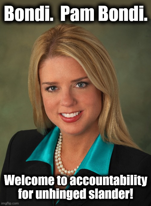 Bondi.  Pam Bondi. Welcome to accountability
for unhinged slander! | made w/ Imgflip meme maker