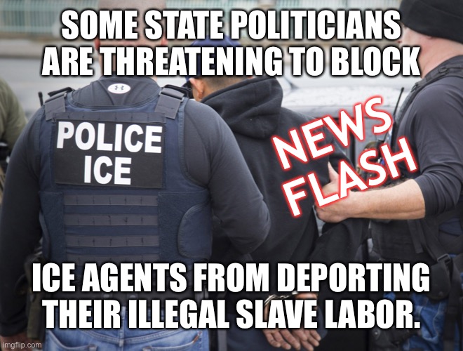 If News Media was honest | SOME STATE POLITICIANS ARE THREATENING TO BLOCK; NEWS FLASH; ICE AGENTS FROM DEPORTING THEIR ILLEGAL SLAVE LABOR. | image tagged in crimmigrant deportation | made w/ Imgflip meme maker