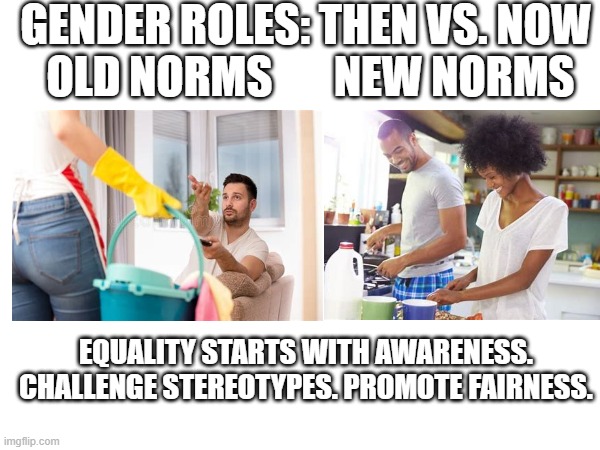 Let's break free from outdated gender roles and embrace equality. ?✨ #GenderAwareness #EqualityForAll #ChallengeStereotypes | GENDER ROLES: THEN VS. NOW
 OLD NORMS       NEW NORMS; EQUALITY STARTS WITH AWARENESS. CHALLENGE STEREOTYPES. PROMOTE FAIRNESS. | image tagged in gender awareness,equality for all,challenge stereotypes,social justice,empowerment,gender equality | made w/ Imgflip meme maker