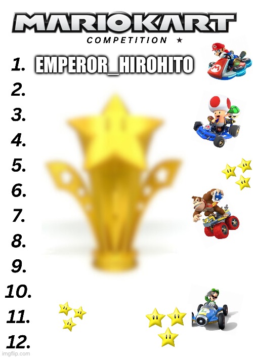 Comment to enter | EMPEROR_HIROHITO | image tagged in mariokart competition | made w/ Imgflip meme maker