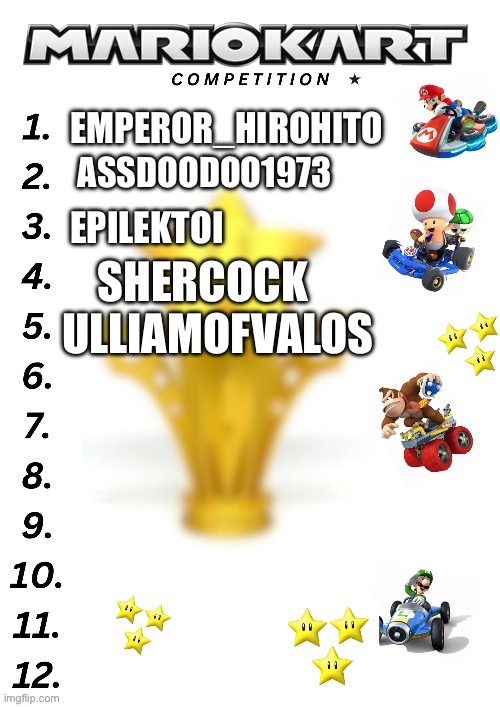 Comment to enter | ASSDOODOO1973; EPILEKTOI; SHERCOCK; ULLIAMOFVALOS | made w/ Imgflip meme maker