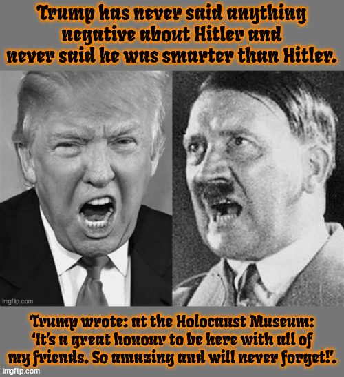 Hitler the 2nd | Trump has never said anything negative about Hitler and never said he was smarter than Hitler. Trump wrote: at the Holocaust Museum: ‘It’s a great honour to be here with all of my friends. So amazing and will never forget!’. | image tagged in hitler the 2nd,hitler is my hero,adolf was a sucker and loser,maga menorah,trump and hitler,fascists | made w/ Imgflip meme maker