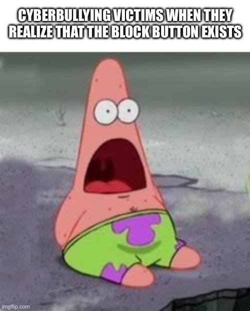 Don’t commit suicide. That stuff kills you! | CYBERBULLYING VICTIMS WHEN THEY REALIZE THAT THE BLOCK BUTTON EXISTS | image tagged in suprised patrick,cyberbullying,block,button | made w/ Imgflip meme maker