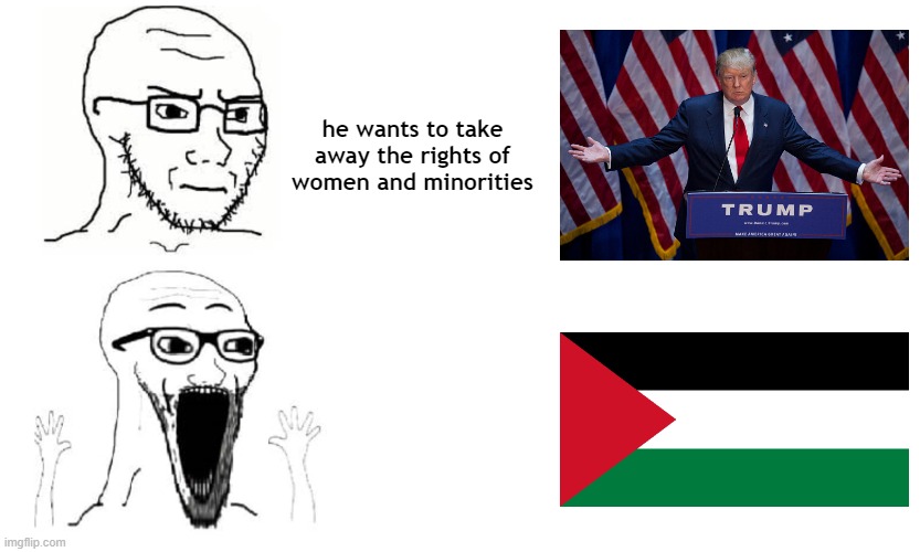 Leftist hypocrisy | he wants to take away the rights of women and minorities | image tagged in palestine,women's rights,gay rights | made w/ Imgflip meme maker