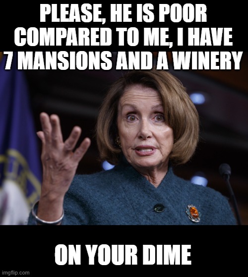 Good old Nancy Pelosi | PLEASE, HE IS POOR COMPARED TO ME, I HAVE 7 MANSIONS AND A WINERY ON YOUR DIME | image tagged in good old nancy pelosi | made w/ Imgflip meme maker
