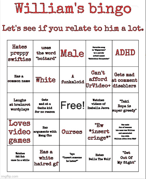 William's bingo Blank Meme Template