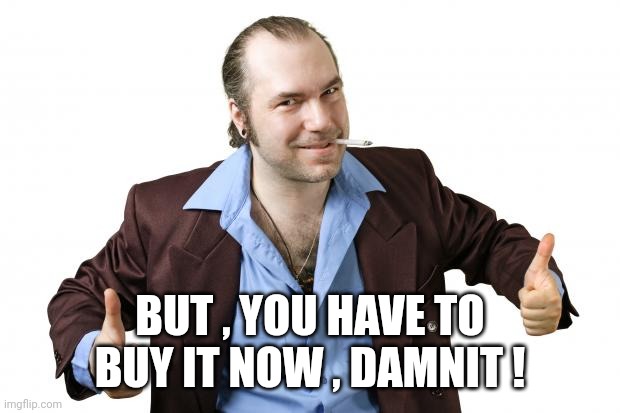 sleazy salesman | BUT , YOU HAVE TO BUY IT NOW , DAMNIT ! | image tagged in sleazy salesman | made w/ Imgflip meme maker