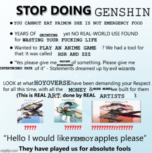 STOP DOING GENSHIN | YOU CANNOT EAT PAIMON SHE IS NOT EMERGENCY FOOD | image tagged in genshin impact,genshin | made w/ Imgflip meme maker