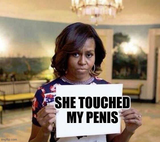 Michelle Obama blank sheet | SHE TOUCHED MY PENIS | image tagged in michelle obama blank sheet | made w/ Imgflip meme maker