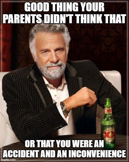 The Most Interesting Man In The World Meme | GOOD THING YOUR PARENTS DIDN'T THINK THAT OR THAT YOU WERE AN ACCIDENT AND AN INCONVENIENCE | image tagged in memes,the most interesting man in the world | made w/ Imgflip meme maker