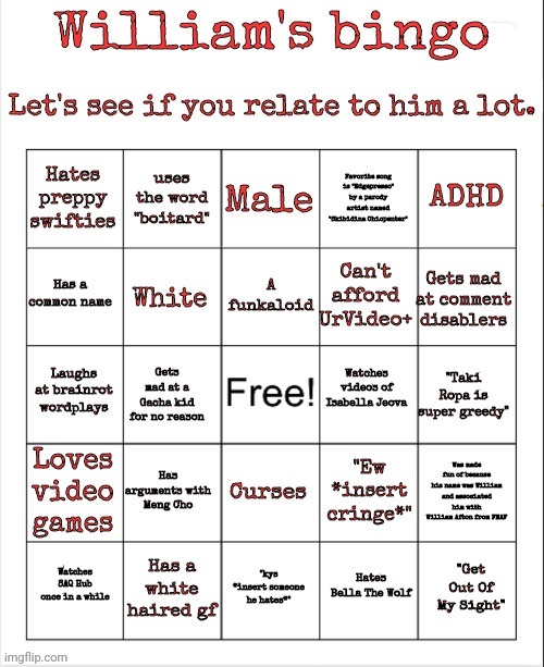 William's bingo | image tagged in william's bingo | made w/ Imgflip meme maker