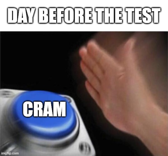 Clever title | DAY BEFORE THE TEST; CRAM | image tagged in memes,blank nut button | made w/ Imgflip meme maker