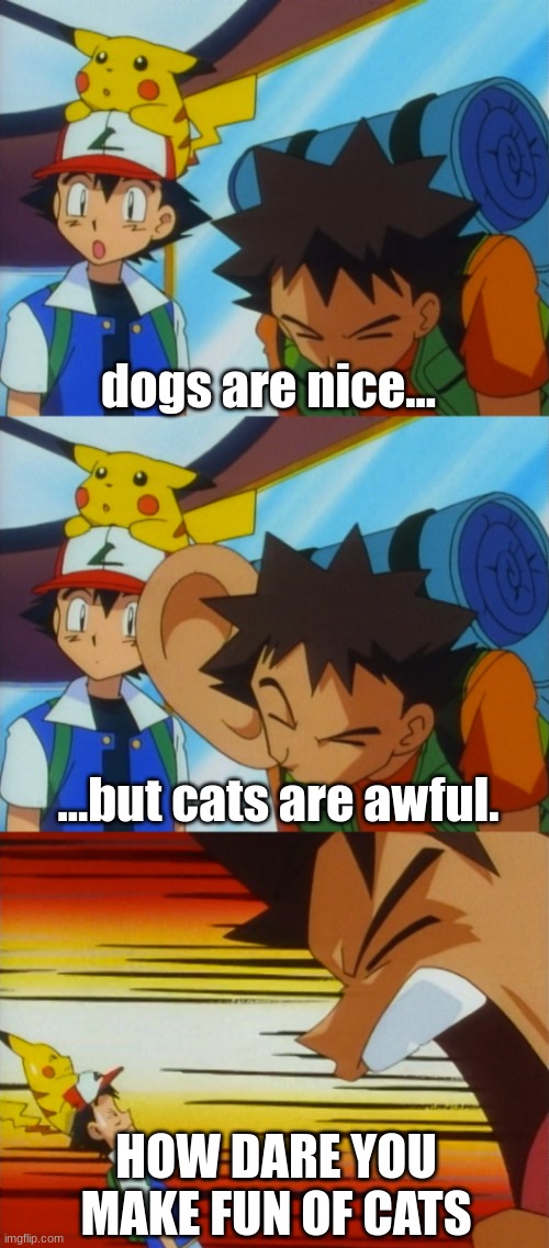 Brock How Dare You | dogs are nice... ...but cats are awful. HOW DARE YOU MAKE FUN OF CATS | image tagged in brock how dare you | made w/ Imgflip meme maker