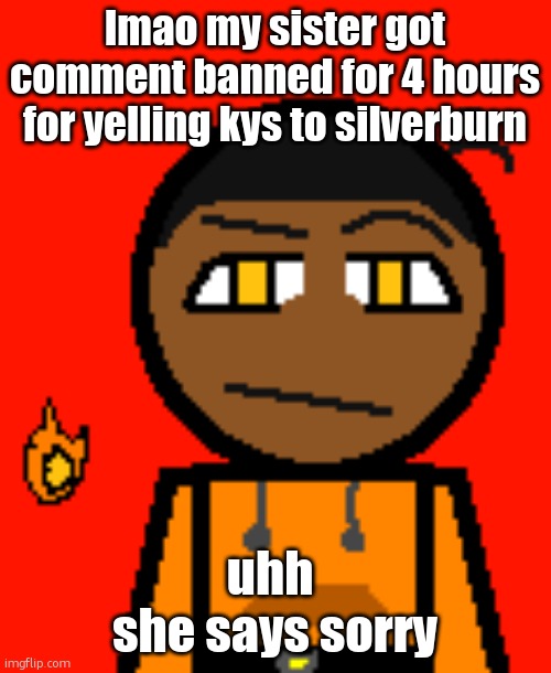 Carl Molter 2 | lmao my sister got comment banned for 4 hours for yelling kys to silverburn; uhh 
she says sorry | image tagged in carl molter 2 | made w/ Imgflip meme maker