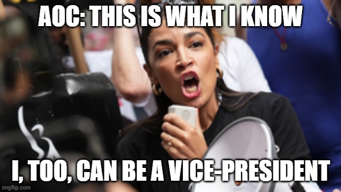 AOC: This is what I Know | AOC: THIS IS WHAT I KNOW; I, TOO, CAN BE A VICE-PRESIDENT | image tagged in aoc this is what i know | made w/ Imgflip meme maker