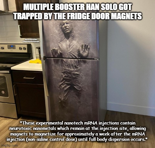 MULTIPLE BOOSTER HAN SOLO GOT TRAPPED BY THE FRIDGE DOOR MAGNETS; Repost w/ additions by Tigger & Willy of odditymall.com & @NotOpCue; "These experimental nanotech mRNA injections contain neurotoxic nanometals which remain at the injection site, allowing magnets to magnetize for approximately a week after the mRNA injection (non-saline control dose) until full body dispersion occurs." | made w/ Imgflip meme maker