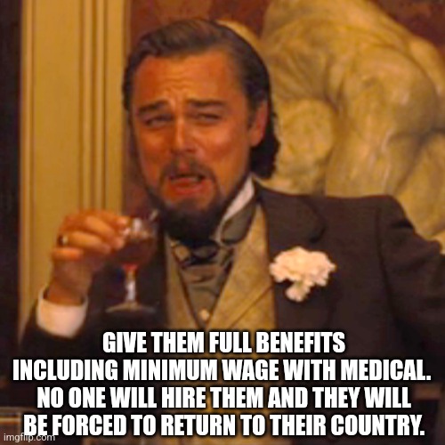 Laughing Leo Meme | GIVE THEM FULL BENEFITS INCLUDING MINIMUM WAGE WITH MEDICAL.  NO ONE WILL HIRE THEM AND THEY WILL BE FORCED TO RETURN TO THEIR COUNTRY. | image tagged in memes,laughing leo | made w/ Imgflip meme maker