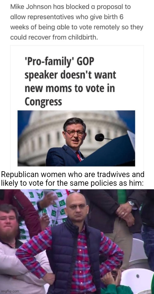 Mike Johnson is literally acting against his very own voterbase | Republican women who are tradwives and likely to vote for the same policies as him: | image tagged in disappointed man,mike johnson,conservative hypocrisy,scumbag,republicans,misogyny | made w/ Imgflip meme maker