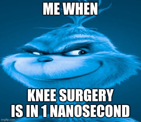 me when knee | ME WHEN; KNEE SURGERY IS IN 1 NANOSECOND | image tagged in blue grinch | made w/ Imgflip meme maker