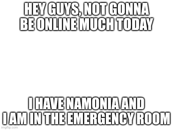 Just wanted to let yall know (mod note: oof) | HEY GUYS, NOT GONNA BE ONLINE MUCH TODAY; I HAVE NAMONIA AND I AM IN THE EMERGENCY ROOM | image tagged in news | made w/ Imgflip meme maker