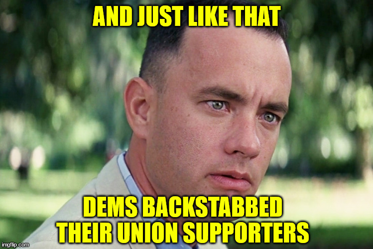 And Just Like That Meme | AND JUST LIKE THAT DEMS BACKSTABBED THEIR UNION SUPPORTERS | image tagged in memes,and just like that | made w/ Imgflip meme maker