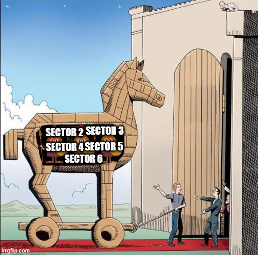 Trojan Horse | SECTOR 3; SECTOR 2; SECTOR 6; SECTOR 5; SECTOR 4 | image tagged in trojan horse | made w/ Imgflip meme maker