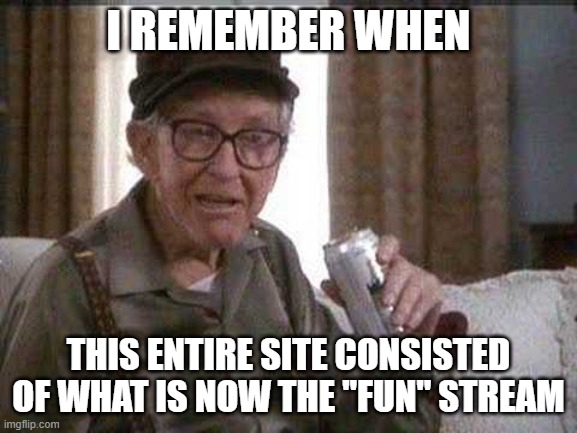 Grumpy old Man | I REMEMBER WHEN THIS ENTIRE SITE CONSISTED OF WHAT IS NOW THE "FUN" STREAM | image tagged in grumpy old man | made w/ Imgflip meme maker