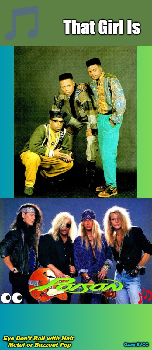 Eye . . . Pop | That Girl Is; Eye Don't Roll with Hair 

Metal or Buzzcut Pop; OzwinEVCG | image tagged in music,1980s,1990s,say what,hip hop,hairspray | made w/ Imgflip meme maker